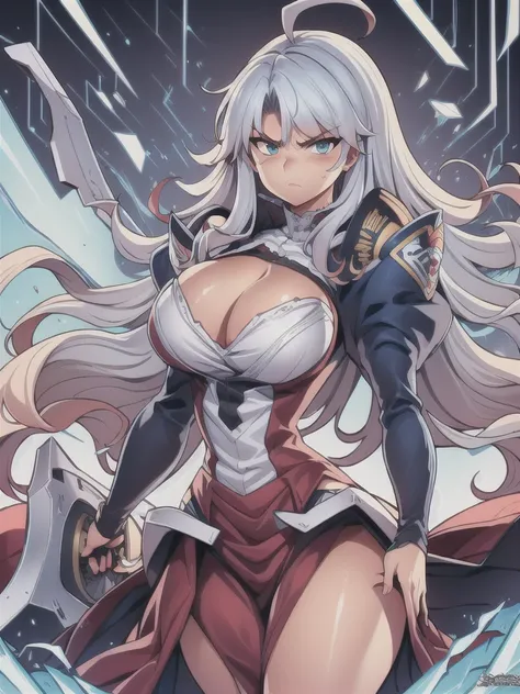 masterpiece,best quality,kim_kwang_hyun, 1girl, long curly silvery-cyan hair, bangs, Ahoge, plumpy, solo, silvery-blondie-cyan hair, Long curly hair, ahoge, large huge breasts, looking at viewer, blue eyes, pale-blondie hair, big boson, large huge breasts,...