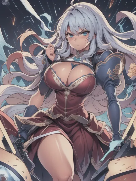 masterpiece,best quality,kim_kwang_hyun, 1girl, long curly silvery-cyan hair, bangs, Ahoge, plumpy, solo, silvery-blondie-cyan hair, Long curly hair, ahoge, large huge breasts, looking at viewer, blue eyes, pale-blondie hair, big boson, large huge breasts,...