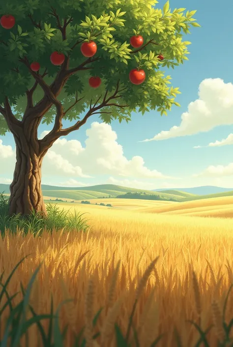 Landscape wheat field with apple tree 