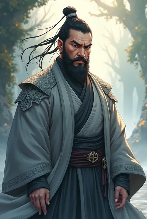 Make a Chinese cultivator manhwa cultivator,I want him with brown hair, has beard, black eyes,wears a gray outfit with silver details, he is a 40 year old man. I want it as an anime