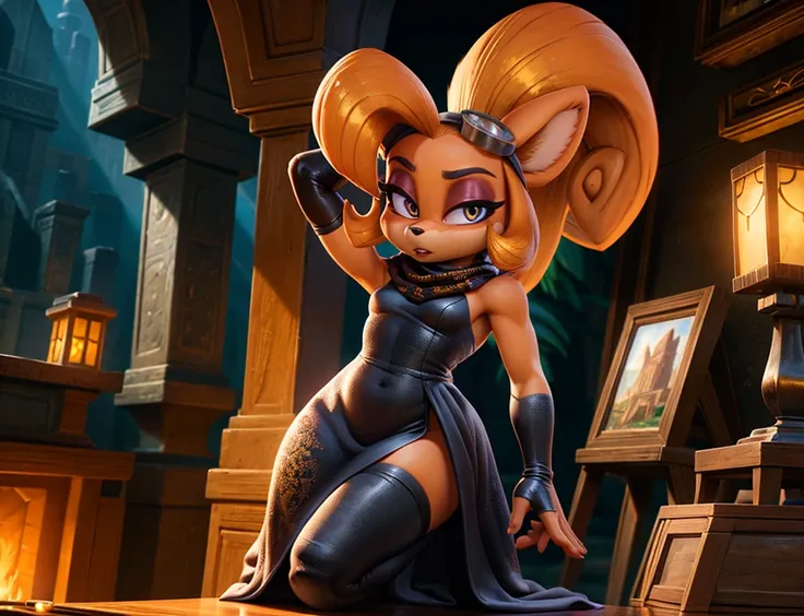 Coco bandicoot ,black gala dress, black elbow gloves, small bust, orange scarf, short orange hair, tomboy, boyish appearance, detailed eyes, full body, detailed lips, extremely detailed face, long eyelashes, oil painting, illustration, 3D rendering, photog...