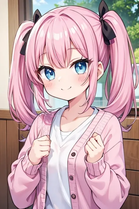 Pink Hair、blue eyes、 girl、Small breasts、Twin tails、Laughter、Smiling face、Wearing a knitted cardigan、Wink、 girl、Looks like she&#39;s about 15、Flat-chested girl、girl、Uniform、 girl、accessories、ear piercing、Cute hairpin、Hair accessories、Gal-like、At school、The ...