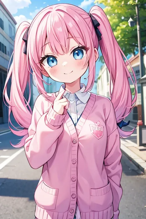 Pink Hair、blue eyes、 girl、Small breasts、Twin tails、Laughter、Smiling face、Wearing a knitted cardigan、Wink、 girl、Looks like she&#39;s about 15、Flat-chested girl、girl、Uniform、 girl、accessories、ear piercing、Cute hairpin、Hair accessories、Gal-like、At school、The ...