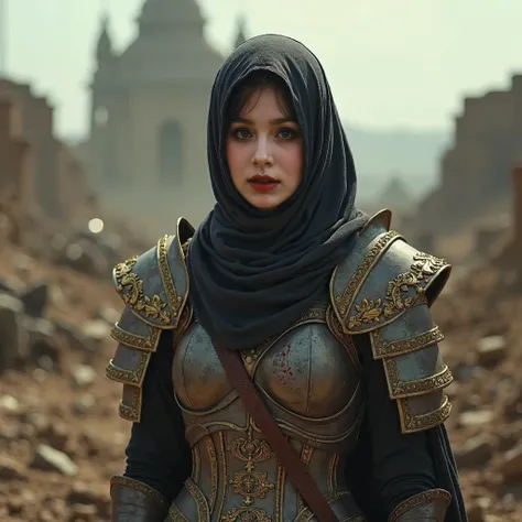 Capture the aftermath of battle: a Hyper-realistic, a beautiful woman in loose hijab shawl, clad in an intricate ensemble inspired by ancient warrior attire, stands amidst at battlefield, fear and horror etched on her face. Her armor, featuring layered pla...