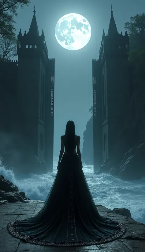 A very very beautiful and gorgeous his is shine princess, dressed in a black lehenga, stands in front of a large wooden gate of a vast and towering, eerie Indian black fort situated on a hill between dense forests and a deep sea. The sea waves are rising h...