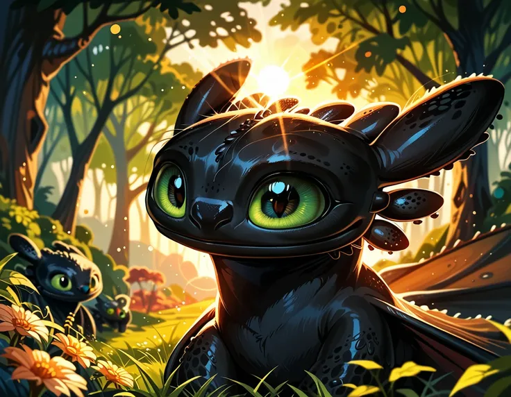 rating_safe, cinematic film still, black dragon, male dragon, (Toothless from How to Train Your Dragon:1.4), dimly lit, lush green forest, enjoying the view, (cinematic lighting:1.2),, (sunset:1.2), shallow depth of field, vignette, highly detailed, high b...