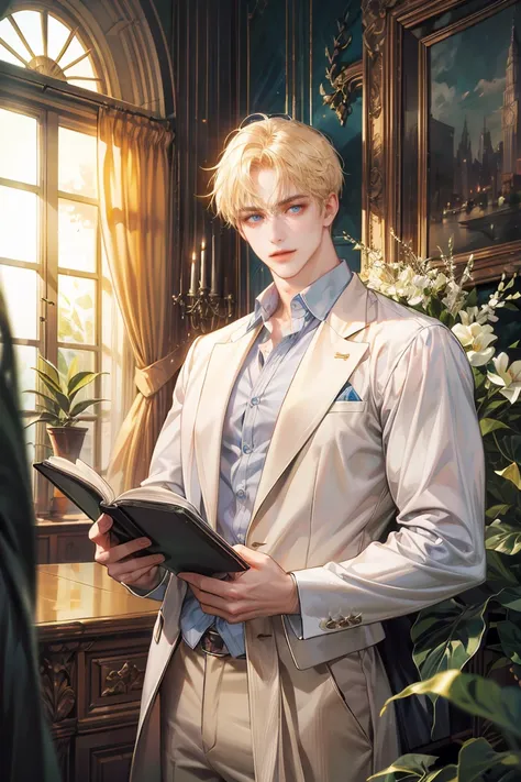 (absurdres, highres, ultra detailed, original character, HDR), 1 boy, solo, young man, handsome, ((tall muscular guy, broad shoulders)), finely detailed eyes, (light blonde hair), hair between eyes, crystal blue eyes, ((modern university uniform)), ((large...