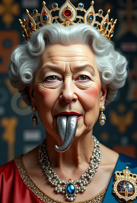  image only of Queen Elizabeth&#39;s face showing a very metal tongue and with images related to the band Queen 