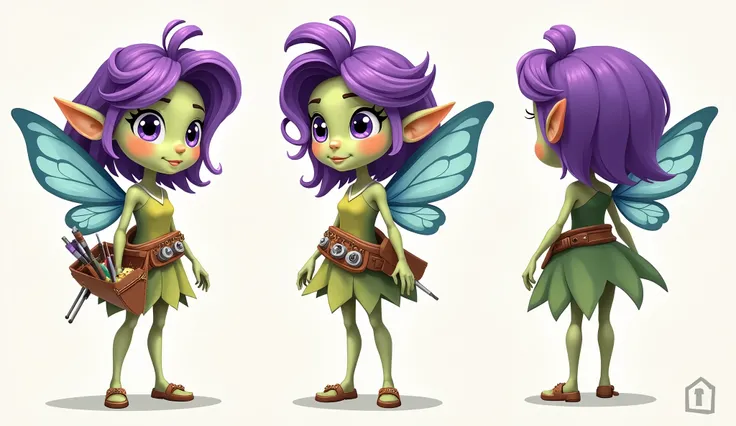 an art fairy (cute woman, tinkerbell dress, tool belt full of art supplies, light green skin, purple hair, huge violet eyes, butterfly wings) character design page, show her from front back and side, cartoonish mascot