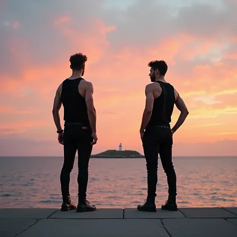 a 2 young man standing on a concrete pier overlooking the ocean. He is wearing a black tank top and black pants, with black boots. He has his back to the camera, with his hands on his hips and a serious expression on his face. The sky is a beautiful orange...