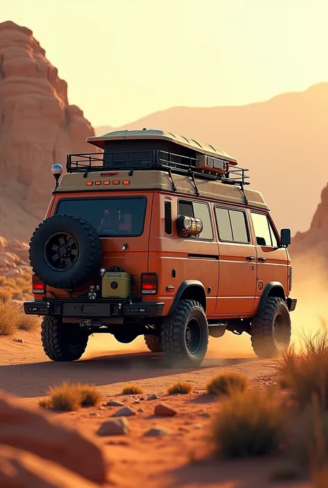 A full-size van customized in overland style driving through the desert hills