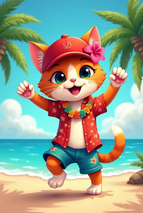 Cute cat with big eyes dancing in a patterned aloha shirt and shorts。He is wearing a hat that says CATyz.。Red hat with pink hibiscus。A lei is hanging around his neck.。Red and blue fur. Short tail.。
Blue beach and palm trees。