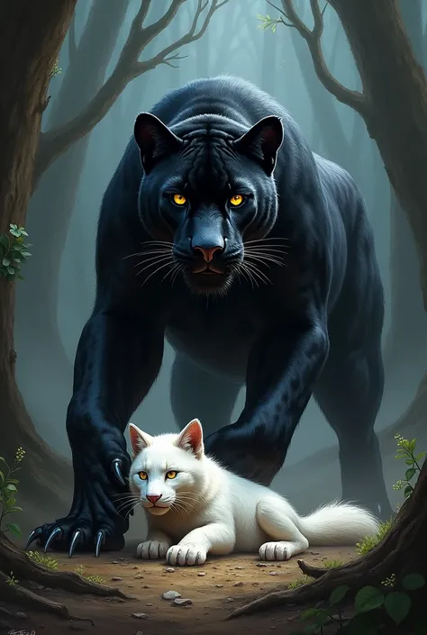 Black panther tramples white fox