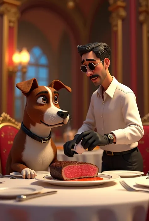 2 personnages côté à cote : 

Image très détaillée de style Pixar en 3D dun chien assis à une somptueuse table dans un restaurant luxueux, exsudant confiance et royauté.
 un homme turc blanc debout à côté de lui, portant un t-shirt blanc, des gants noirs e...