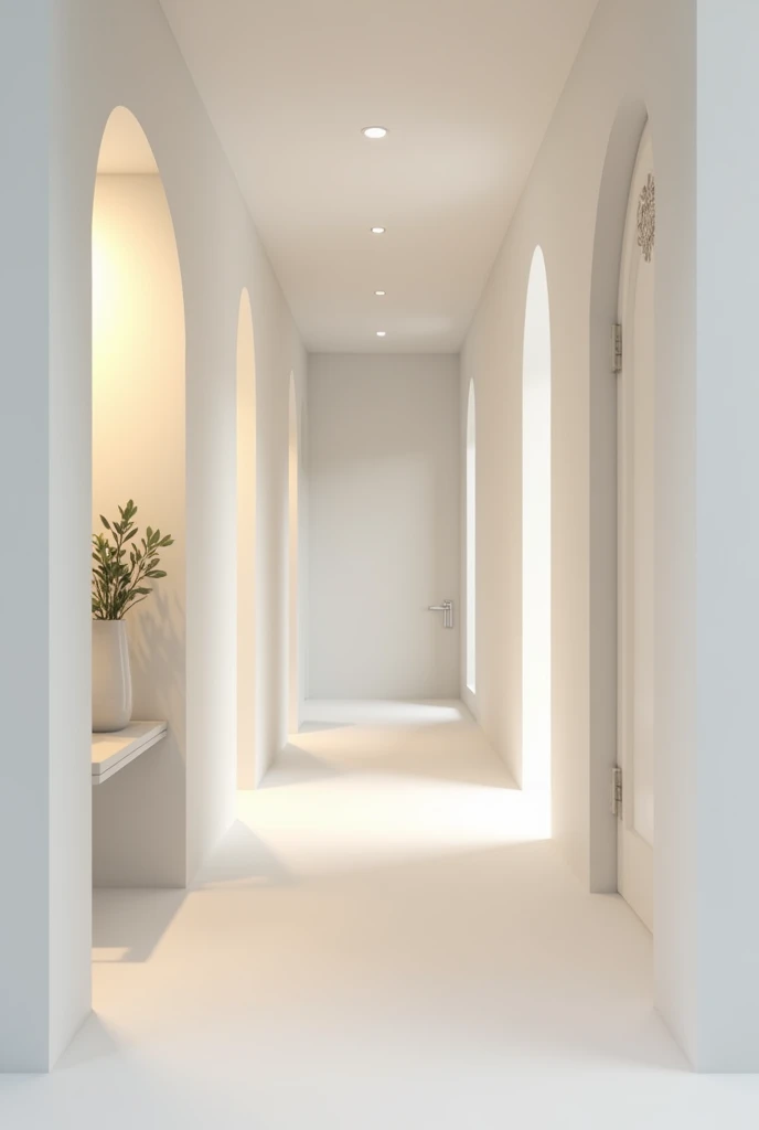 Hallway of a house with white walls and only lighting from the room lamps, the house is clean 