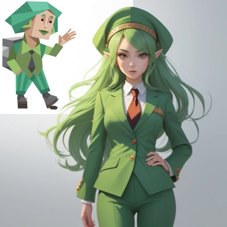 Close-up of a person in a green suit and tie, Low Poly Character, datanft as a data avatar, Elf in a suit, 2D Sprite, Characters wearing hats, Video Game Characters, Vigna in Vigna Sauce, 0 stupid rendering, Uncompressed PNG, Video Game Characters, Sprite ...