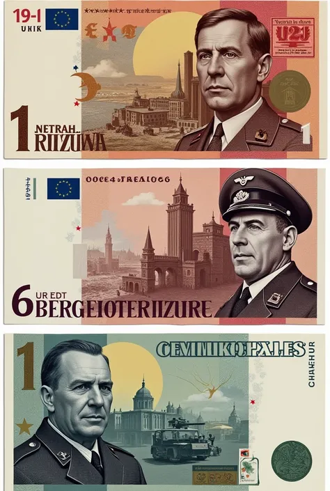 Please generate an image of a real-size WWII themed 1 Euro banknote