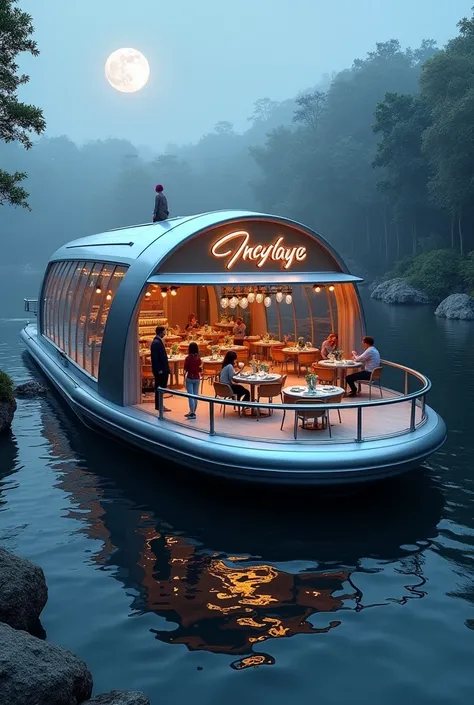 A sleek, silver, and futuristic autonomous restaurant, with glowing neon accents and transparent glass walls, dominates the central area of a luxurious, long, and rounded houseboat, drifting effortlessly on a calm, moonlit lake, surrounded by lush greenery...