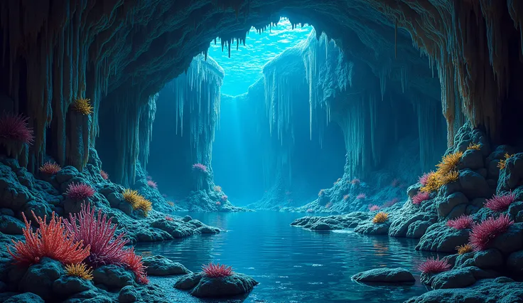 In the underwater world,Colorful in the dark night,A cave is formed over a long period of time and under specific geological conditions.,Stalactites formed inside、stalagmite、Calcium carbonate precipitates in different forms such as stone pillars,These sedi...