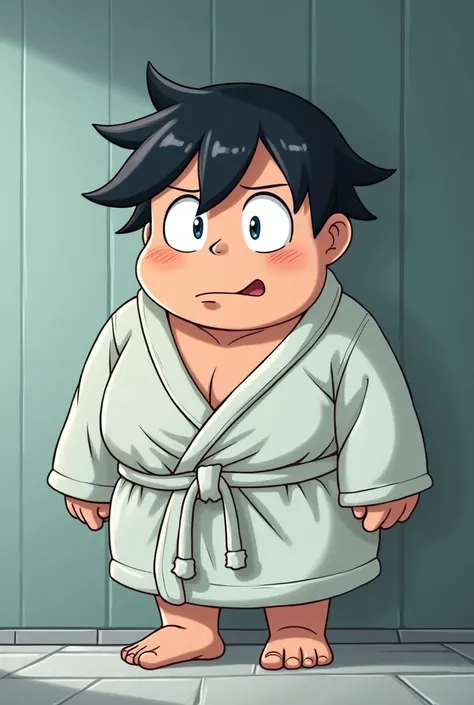 Sitting,male,Bathrobes,stomach,Chubby,One person,Black Hair, Asymmetrical bangs, Parting the bangs,Blue Eyes,Droopy eyes,Simple background,cool,Defaults,Illness,Confused eyes,Distributor,Chibi Character,anime風,anime