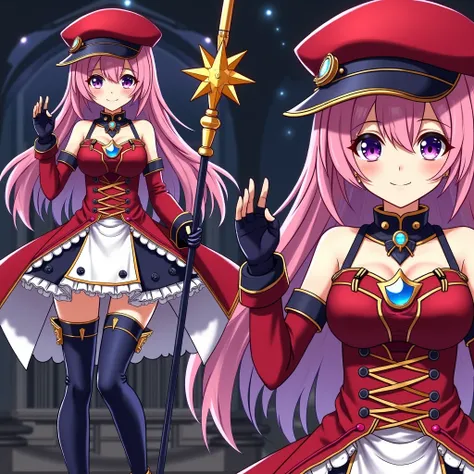 Anime style in animation mode, a girl, with semi-long pink hair, purple eyes, wearing a red top, with a combination of white that forms a micro skirt, including high boots and dark blue gloves, a red beret, and a star-shaped gem on her chest. en un fondo d...