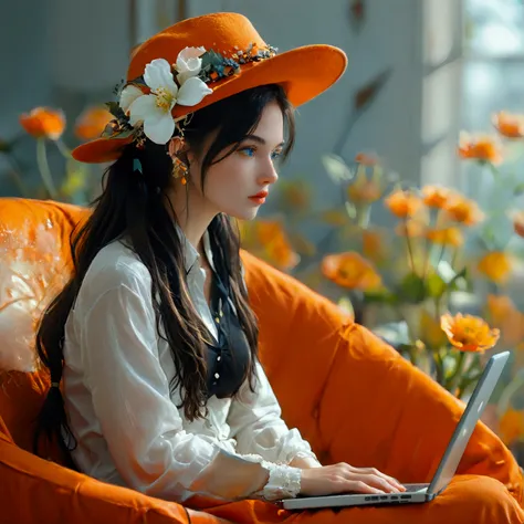 (masterpiece)), ((best quality)), 8k, high detailed, ultra-detailed, an animated image of a woman sitting on an orange chair, le...