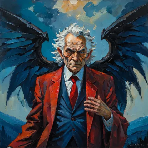 a thick textured oil painting, impasto brushstrokes, dry brushing,revealing underlayers, abstract landscape, moody lighting, dramatic shadows, muted earthy colors, vibrant colors, highly detailed, masterpiece, divinity, black devil wings behind, old man wh...