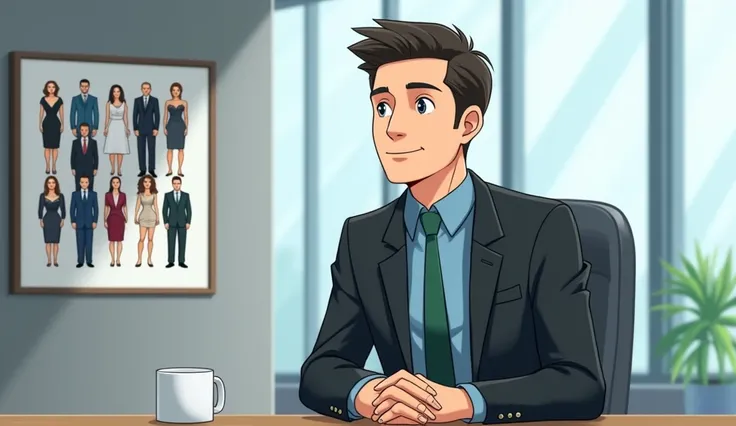 a businessman in a suit and tie, The suit is black, with a blue shirt and green tie, is sitting at a table, in a company, an office, the environment is clear, well lit, he has a slight smile, looking towards the window, on the left side, the gaze is slight...