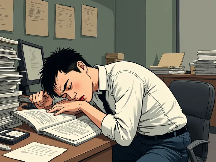 Chinese ink painting style，An Asian man lying on his desk，There are piles of documents and office supplies around。He is wearing a shirt and tie，Empty eyes。He is working hard，A painful expression on his face。The picture presents a hand-drawn anime style，The...