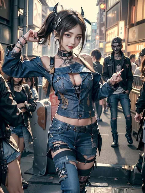 (Beautiful lips and nose:1.4)、(Long eyelashes:1.4)、(Smiling with teeth showing:1.3),(Shibuya Gal:1.5)、(Goth delicate embellished dress:1.5)、(Tattered denim and black punk rock cargo pants:1.5)、(Denim and black navy skull mark small jacket:1.4)、(denim garte...