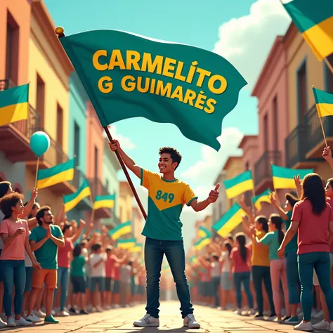 A bustling and colorful street parade supporting Vereador Carmelito Guimaraes, taking place in the vibrant streets of Bahia. The scene centers on a person proudly holding a large flag that prominently displays Carmelito Guimarães and his candidate number 3...