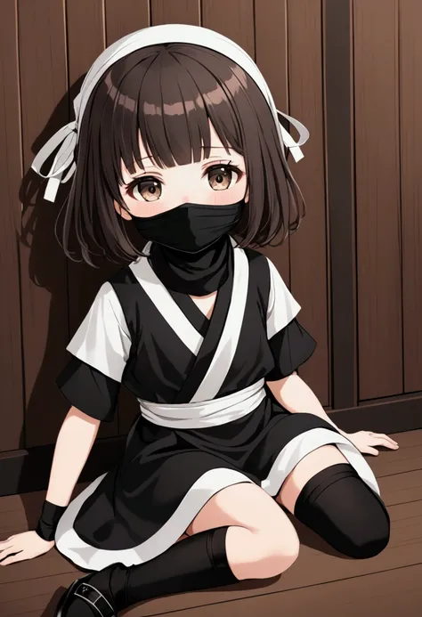 A small girl and her face is shy and a little blushed and she wears a black mask and her dress is a short black and white ninja dress, her shoes are black and her stockings are white, her ninja dress is quite short showing a little more leg and she wears a...