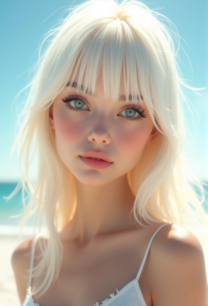 Beautiful, white and radiant skin, 3 Up, Unparalleled beauty, bright, A refreshing and gentle impression, Perfect beautiful pretty face、Shiny, platinum blonde, silky, super long, straight hair, Beautiful shiny bangs, A very beautiful and beautiful girl, Ey...