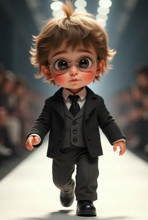 1  baby, with the singer&#39;s face,  John Lennon, hair like the singer wearing clothes like the ones he wore, wearing glasses like the ones he wore, baby walking down the catwalk ultra realistic motion camera 4k 