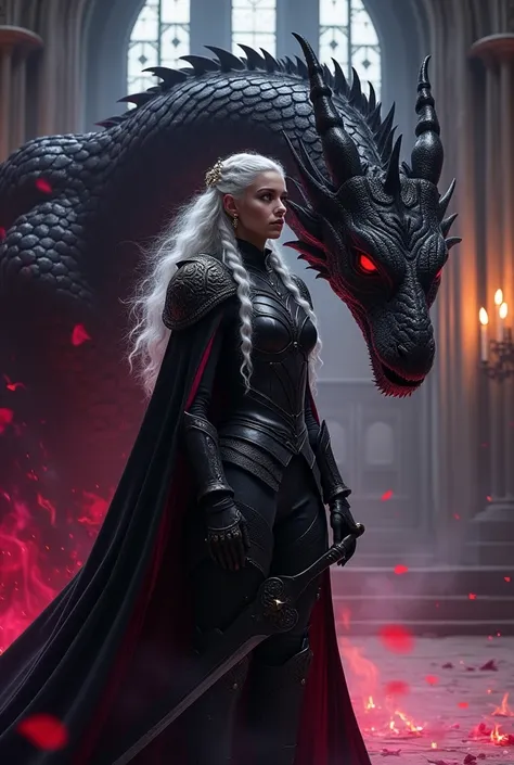 ((better qualitative)) , (detailed), Visenya Targaryen , Black Dragon Armor, Black Sword, Lilith inside a church, deep, shiny metallic black , fire, blood stains, the whole body, in the style of dramatic red lights D14bl0, long white hair, headband and ear...