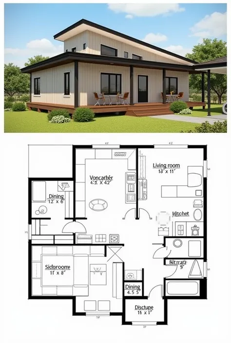 Plan of a small house with one room, a kitchen, a living room and a dining room 
