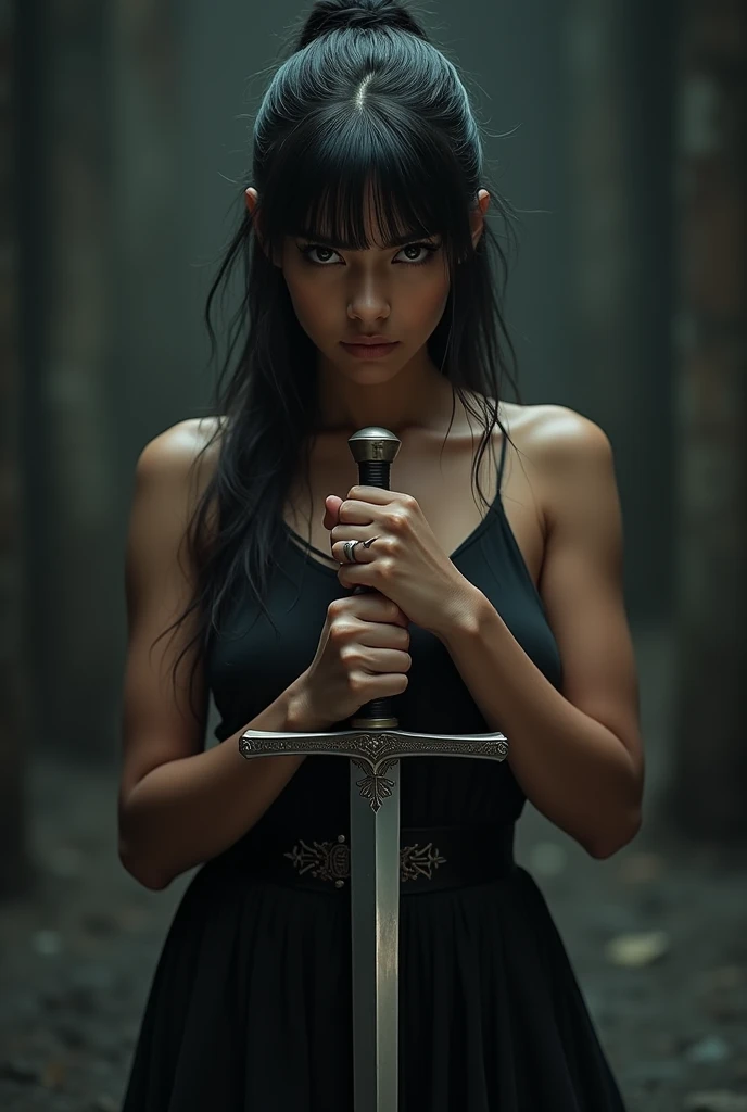 An Indian woman with bangs holding a sword dressed in a black dress 

