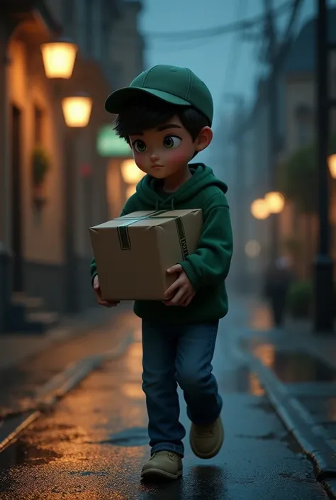 (hyper realistic)A short young man with a cap, green sweatshirt and jeans carrying a package on a dark street at night