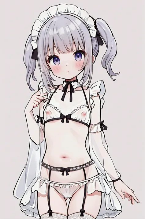 girl、Upside Tail、Maid&#39;s Cap、メイドSwimwear、Belly button、Swimwear、Garter belt、Fishnet stockings、Embarrassing、Small breasts、See-through、See-through nipples