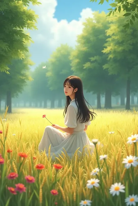 A sweet  in a white skirt and white blouse sitting in a rice field full of flowers and trees 