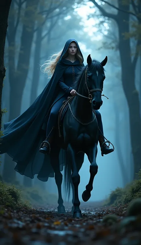 honey-haired, blue-eyed princess riding her black horse through the forest at night wearing a black hooded cape