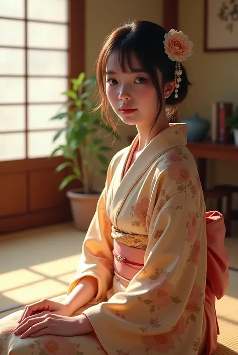 8K, Raw photo, highest quality, masterpiece, realistic, photo-realistic, clear, professional lighting, highest quality, ultra high resolution, 1 girl, traditional Japanese room、cute Japanese woman、
