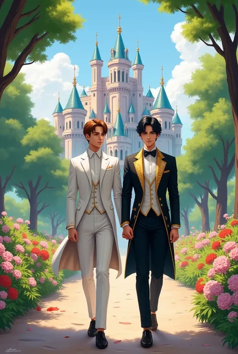 Two boys are walking close to each other, they are going against each other, need to show laterally, in front of a castle, needs to have beautiful trees around and flowers. One of the boys needs to have brown hair, be a little shorter, cerca de 1,80, and i...