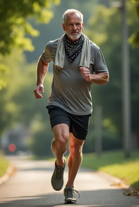 Middle-aged man jogging for dieting、Wearing a bandana, a towel around his neck, a running shirt and short shorts