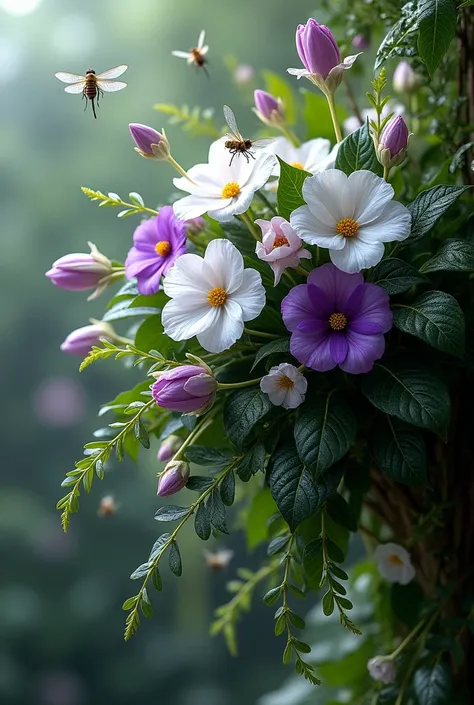 Arrangement of white and purple flowers facing down with thick leaves and tendrils. There are some flower buds. Wet leaves and lots of dew. Dragonflies and swarms of flying bees. Many leaves are wilted. (wide screen) (medium light), (realistic photo). 