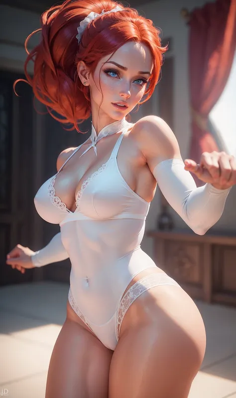 Realistic Elsa, with sexy LYCRA PANTIES, Sexy white LYCRA THONG PANTIES, THONG PANTIES, red hair, dancing, 8k resolution, (Best quality: 1.1), (anatomically correct: 1.1), (perfect hand: 1.1 ), ( (detalhes faciais: 1.3)), (skin-detail), (perfect eyes), (pe...