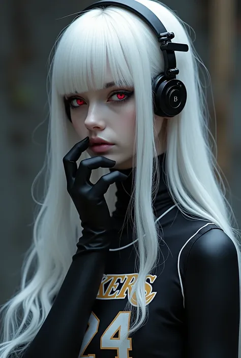 Long white hair wearing black headset, and black ribbon, both eyes are black and a little red near the eyes, wearing a clip on the right in black, wearing a black Lakers 24 jersey and long black gloves