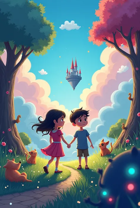 "Max and Lili enter a colorful and fantastical world, where everything feels slightly unreal. The sky is painted with swirling, pastel clouds, and the ground is covered with grass that sparkles like diamonds. Strange but friendly creatures, like talking tr...