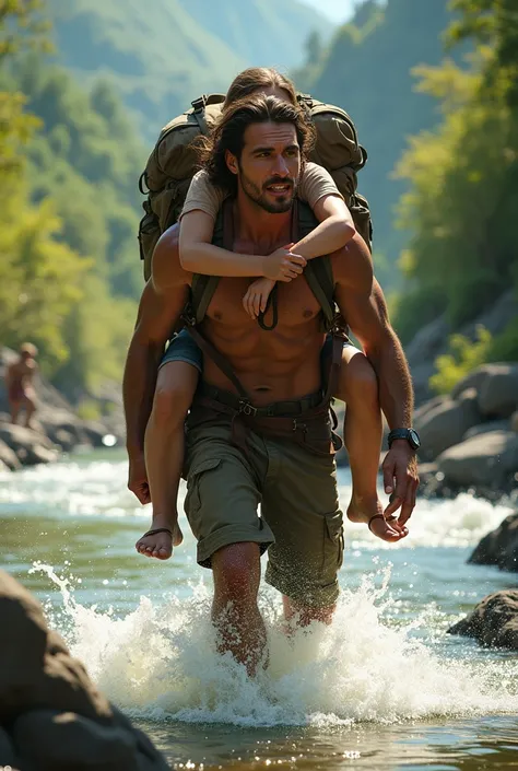 make an image of a man carrying his sister at the back while his sister is carrying a backpack. They are crossing a river