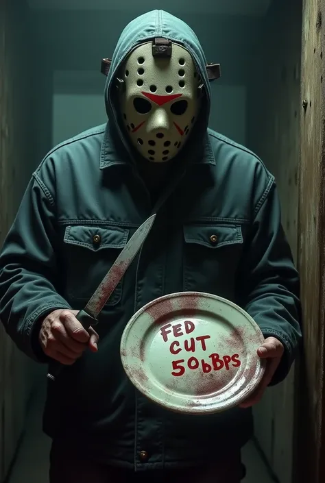 Friday 13th, Jason with a mask.  A Knife on his right hand and a plate written "FED CUT 50bps" on his left hand